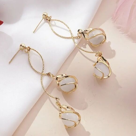 Boho-Elegant Long Tassel Opal Design Earrings Stainless Steel Drop Fashion Look - Picture 2 of 15